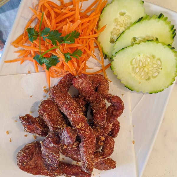 Crispy fried pork strips with shredded carrots, cilantro, and cucumber slices on a white plate.