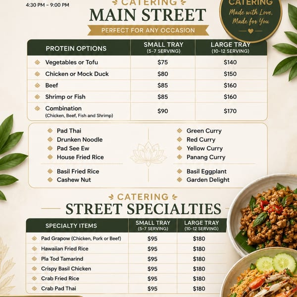 Main Street Thai restaurant catering menu with protein options, curries, and specialty items.